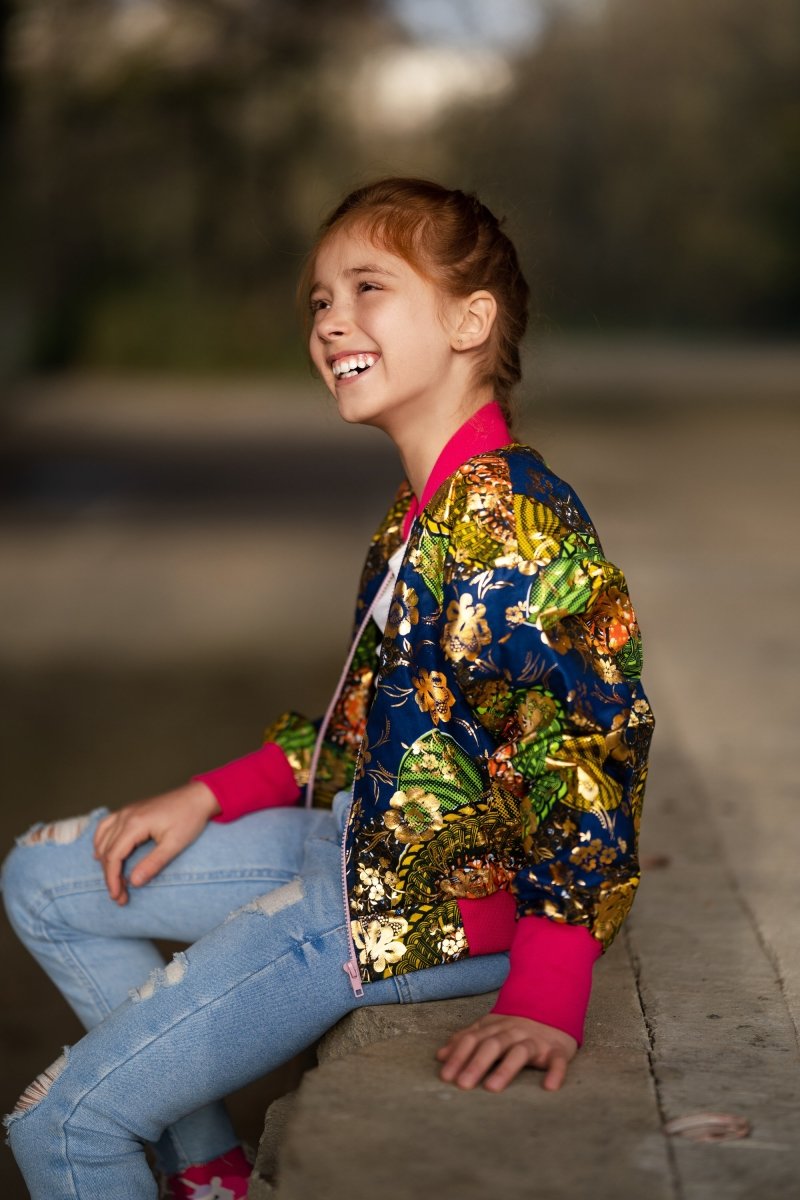Kids African Bomber Jacket In Metallic Gold Blue - Continent Clothing 