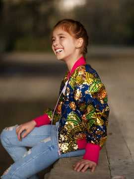 Kids African Bomber Jacket In Metallic Gold Blue