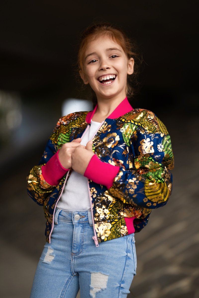 Kids African Bomber Jacket In Metallic Gold Blue - Continent Clothing 