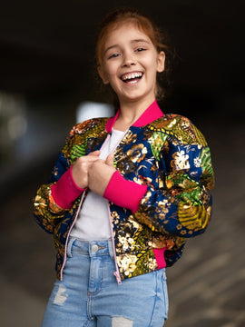 Kids African Bomber Jacket In Metallic Gold Blue