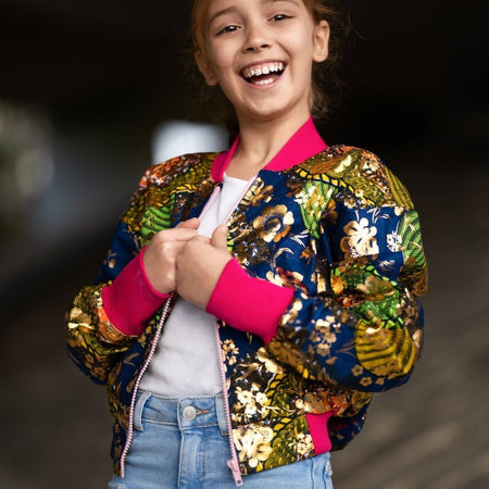 Giacca da bombardiere africana in bella stampa Brown Kente