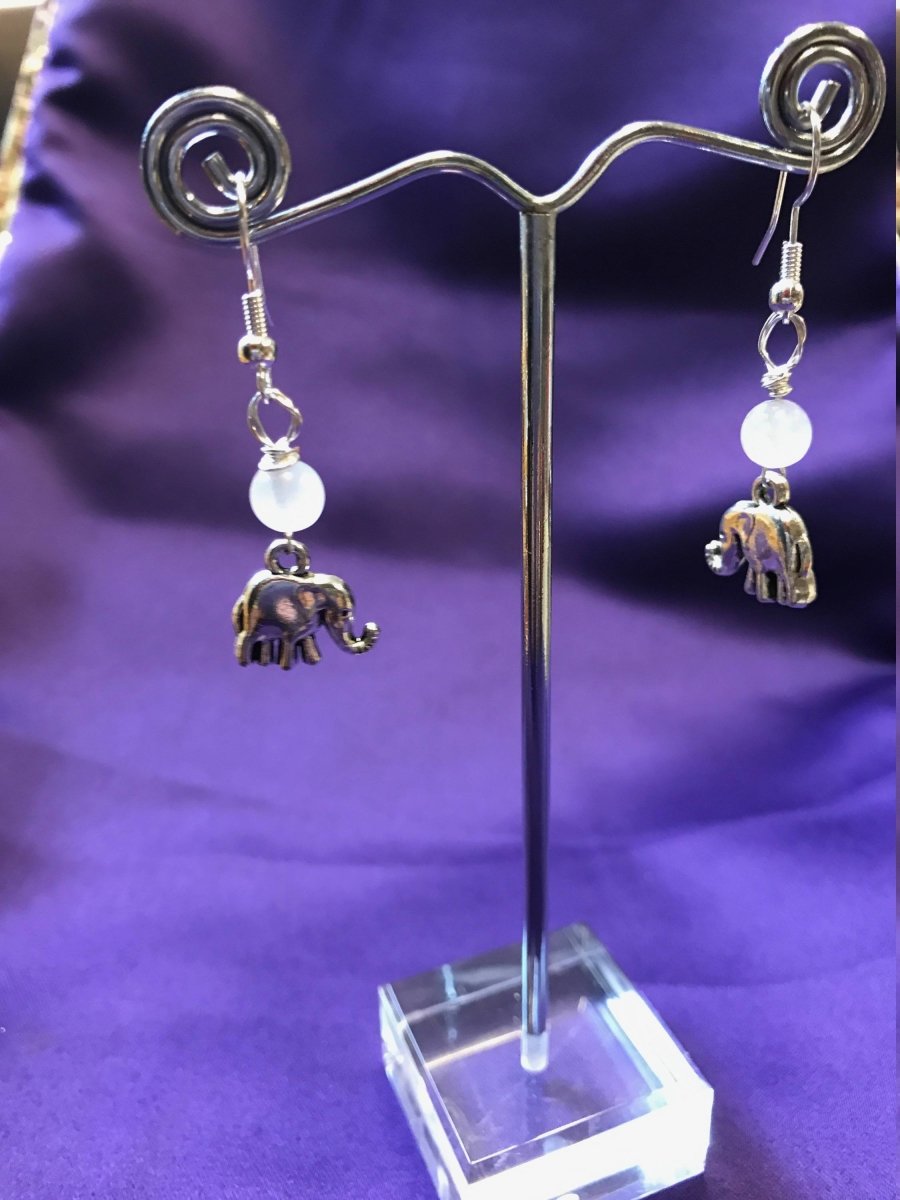 Silver Elephant Earrings with Clear Quartz Bead - Continent Clothing 