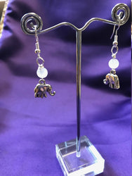 Silver Elephant Earrings with Clear Quartz Bead