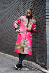 Vibrant Pink Dashiki Winter Trench Coat - Continent Clothing 
